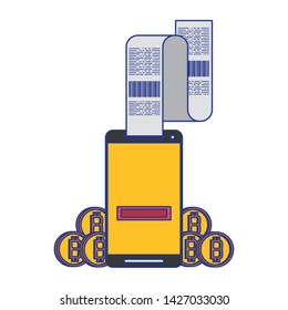 Bitcoin cryptocurrency online payment smartphone and bill with coins symbols vector illustration graphic design