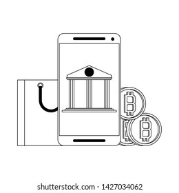 Bitcoin cryptocurrency online payment smartphone bank app and shopping bag symbols vector illustration graphic design