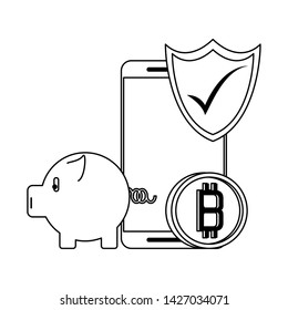Bitcoin cryptocurrency online payment smartphone and piggy bank security symbols vector illustration graphic design