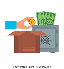 Bitcoin cryptocurrency online payment strongbox hand and box symbols vector illustration graphic design