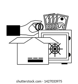 Bitcoin cryptocurrency online payment strongbox hand and box symbols vector illustration graphic design