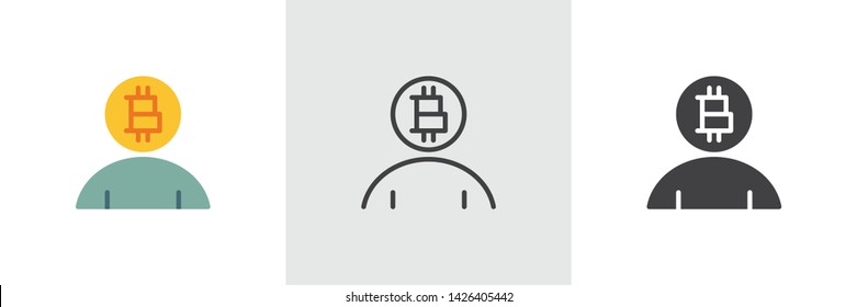 Bitcoin cryptocurrency person icon. Line, glyph and filled outline colorful version, Bitcoin user outline and filled vector sign. Symbol, logo illustration. Different style icons set. Vector graphics