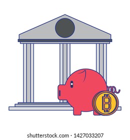 Bitcoin cryptocurrency piggy bank and building symbols vector illustration graphic design