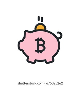 Bitcoin Cryptocurrency Piggy Bank Minimal Color Flat Line Outline Stroke Icon Pictogram Symbol