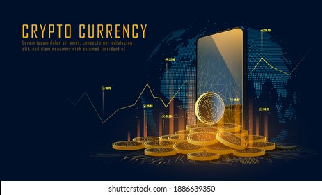 Bitcoin cryptocurrency with pile of coins come out from smartphone, Vector illustration