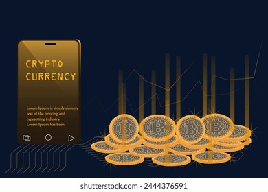 Bitcoin cryptocurrency with pile of coins come out from smartphone