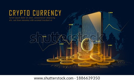 Bitcoin cryptocurrency with pile of coins come out from smartphone, Vector illustration Сток-фото © 