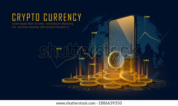 Bitcoin cryptocurrency with pile of coins\
come out from smartphone, Vector\
illustration