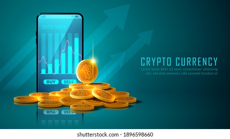Bitcoin cryptocurrency with pile of coins and smartphone, Vector illustrator