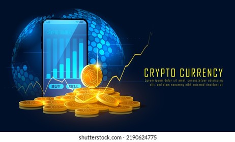 Bitcoin cryptocurrency with a pile of coins and smartphone, Vector illustrator