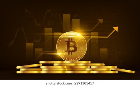Bitcoin cryptocurrency with pile of coins technology concept