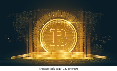 Bitcoin cryptocurrency with pile of coins, Vector illustrator