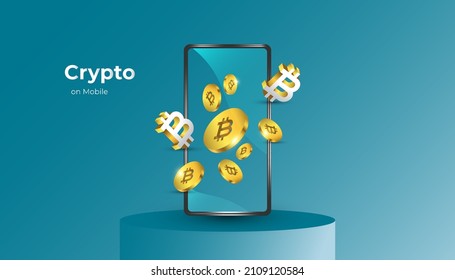 Bitcoin Cryptocurrency with Pile of Golden Bitcoin Come Out from Smartphone on Podium. Bitcoin Crytpo on Mobile. Digital Currency Background