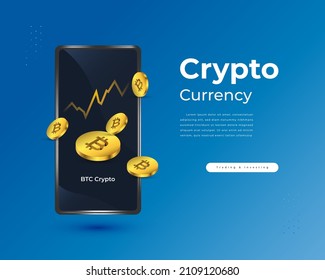 Bitcoin Cryptocurrency with Pile of Golden Bitcoin Come Out from Smartphone and Growth Chart. Bitcoin Crytpo on Mobile. Digital Currency Background