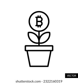 Bitcoin cryptocurrency plant, return on crypto investment, growth, money tree icon in line style design for website, app, UI, isolated on white background. Editable stroke. EPS 10 vector illustration.