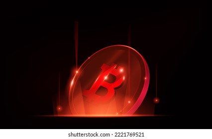 Bitcoin cryptocurrency price going down. Red glowing Crypto price falls. Falling apart. Bearish bear. Crisis. Collapse candle stick. 3d Ilustration