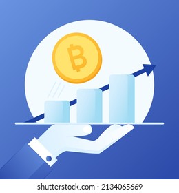 Bitcoin cryptocurrency price up. Bitcoin going up. Graph up. Business hand vector.