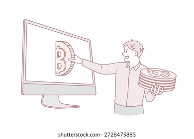 Gewinnkonzept für Bitcoin und Kryptowährung. Lächelnder Mann stehen und nehmen Sie goldene Bitcoin-Münzen von Laptop-Bildschirm, der Geld verdient Vektorgrafik