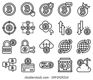 Conjunto de iconos de vector relacionados con la bitcoin y la criptodivisa, estilo de línea