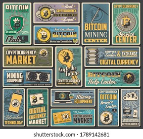 Bitcoin cryptocurrency retro banners of vector digital money exchange, blockchain transaction and crypto currency mining. Network financial technologies, digital wallet, laptop computer, mobile phone