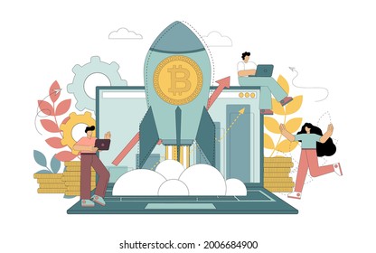 Bitcoin cryptocurrency. Rising prices for cryptocurrency. Cryptocurrency in a rocket skyrockets