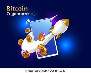 bitcoin cryptocurrency with rocket booster and laptop