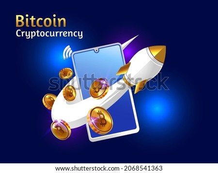 bitcoin cryptocurrency with rocket booster and laptop