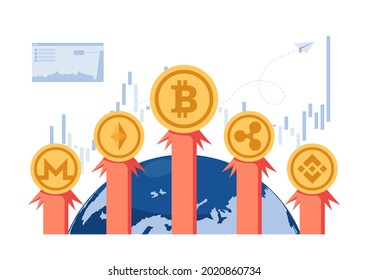 Bitcoin and Cryptocurrency Rocket Flying Out of The World. Cryptocurrency Investment and Blockchain Technology Concept.