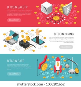 Bitcoin cryptocurrency secure transactions and mining 3 horizontal isometric banners set with money raising  symbol vector illustration 