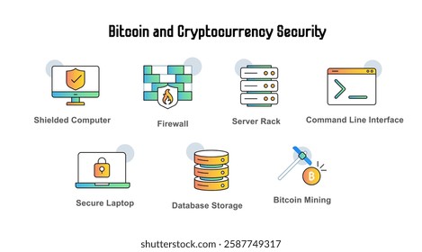 Bitcoin and Cryptocurrency Security with Bitcoin Mining, Secure Laptop, and Firewall Protection. Vector Editable Stroke and Colors.