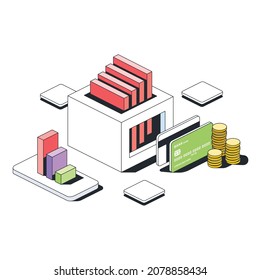 Bitcoin cryptocurrency server, credit card coin chart. Vector 3d sketch line isometric style, color icon illustration. Creative design idea and infographics elements.