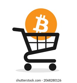 Bitcoin and cryptocurrency in the shopping cart and trolley - crypto currency used for buying and purchase in shop, store and retail. Vector illustration isolated on white.