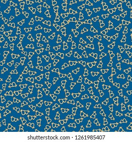 Bitcoin (cryptocurrency signs) - seamless pattern. Many small Bitcoin cryptocurrency icons on blue background. Hand-drawing, yellow signs with stroke.