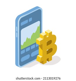 Bitcoin cryptocurrency smart phone screen charts. Vector 3d line isometric, color web icons, new flat style. Creative design idea for infographics.