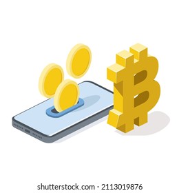 Bitcoin kryptowährende Smartphone-Bildschirmmünzen. 3D Linie isometrisch, Farbe Web-Symbole, neue flache Stil. Kreatives Design für Infografiken.