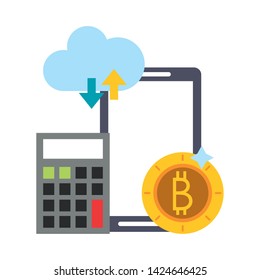 Bitcoin cryptocurrency smartphone and calculator with cloud computing vector illustration graphic design
