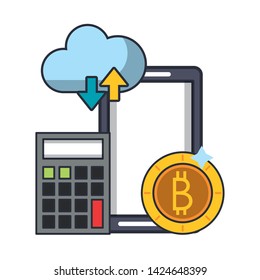 Bitcoin cryptocurrency smartphone and calculator with cloud computing vector illustration graphic design