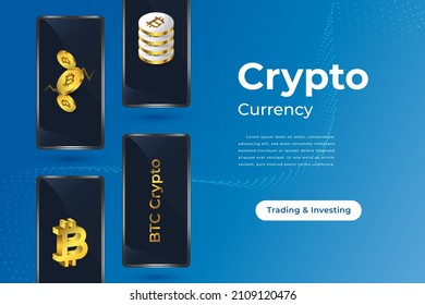 Bitcoin Cryptocurrency with Smartphone Isolated on Blue Background. Bitcoin Crytpo on Mobile. Digital Money Vector Illustration