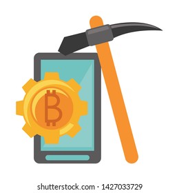 Bitcoin cryptocurrency smartphone mining pick and coin symbols vector illustration graphic design