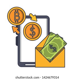 Bitcoin cryptocurrency smartphone with bitcoin and money in envelope vector illustration graphic design