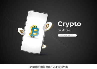 Bitcoin Cryptocurrency with Smartphone on Blue Background. . Bitcoin Crytpo on Mobile. Digital Currency Background