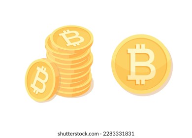 Bitcoin cryptocurrency stack of gold coins, single coin, money in flat style. Financial assets and electronic payments, income growth due to mining and investments. world currency vector.