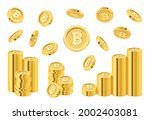 Bitcoin cryptocurrency stack of golden coins, falling money realistic 3d style. Financial assets and electronic payment, growth of income due to mining and investment. Global currency vector