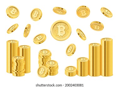 Bitcoin cryptocurrency stack of golden coins, falling money realistic 3d style. Financial assets and electronic payment, growth of income due to mining and investment. Global currency vector