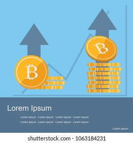 Bitcoin Cryptocurrency and stacks with graph and up arrow on blue background with space for texts design vector eps10