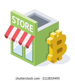 Bitcoin cryptocurrency store front. Vector 3d line isometric, color web icons, new flat style. Creative design idea for infographics.