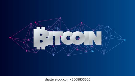 Símbolo de criptomoneda de Bitcoin. Tecnología blockchain. Icono de dinero virtual para negocios, finanzas, comercio global digital, pago, en todo el mundo, intercambio. Patrón de red de Vector degradado rosa azul poli bajo