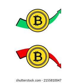 bitcoin cryptocurrency symbol with up and down arrows. Cryptocurrency trading concept, bitcoin rate. Bitcoin in the trend of the cryptocurrency market.