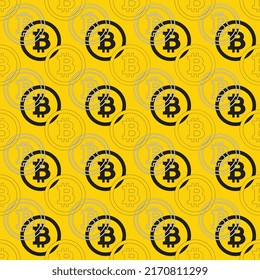 Bitcoin cryptocurrency symbol in a seamless pattern on a yellow background. Modern finance icon in flat design with black and white elements. Vector illustration easy to edit and customize EPS 10