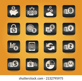 Bitcoin and cryptocurrency symbols on black buttons on yellow background